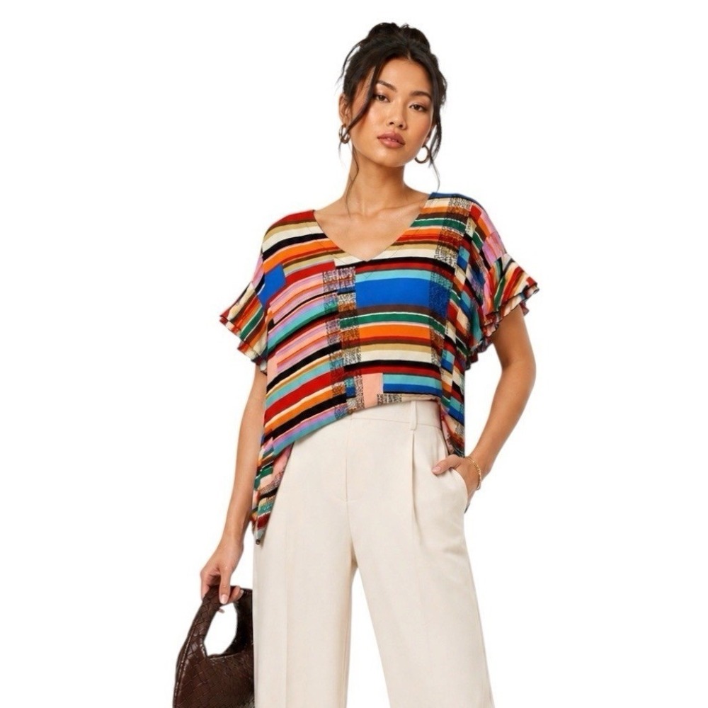John Mark Womens Multi Color Geometric Stripe Ruffle Sleeve High Low Top Medium